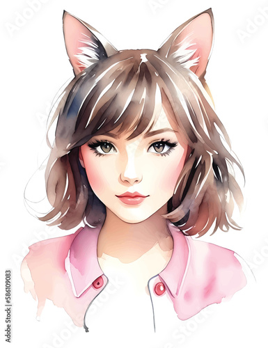 Watercolor cute cat girl