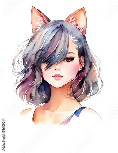 Watercolor cute cat girl