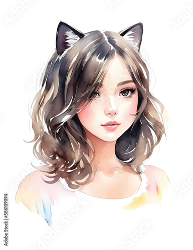 Watercolor cute cat girl