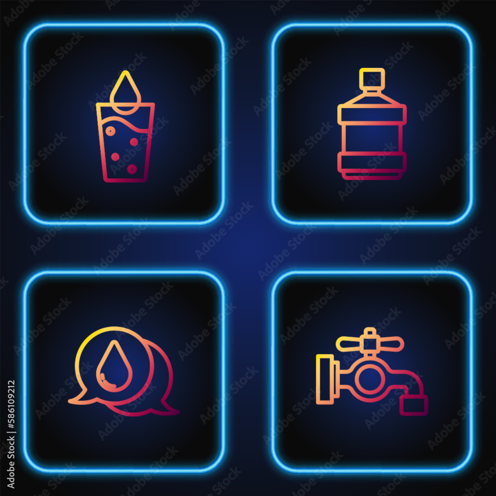 Set line Water tap, drop, Glass with water and Big bottle clean. Gradient color icons. Vector Set line Water tap, drop, Glass with water and Big bottle clean. Gradient color icons. Vector