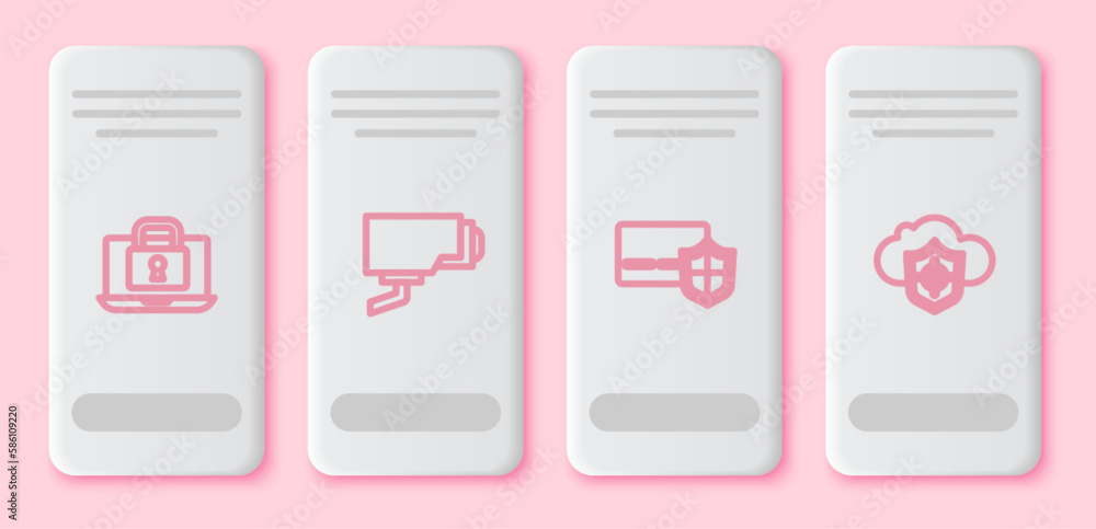 Set line Laptop and lock, Security camera, Credit card with shield and Cloud. White rectangle button. Vector Set line Laptop and lock, Security camera, Credit card with shield and Cloud. White rectangle button. Vector
