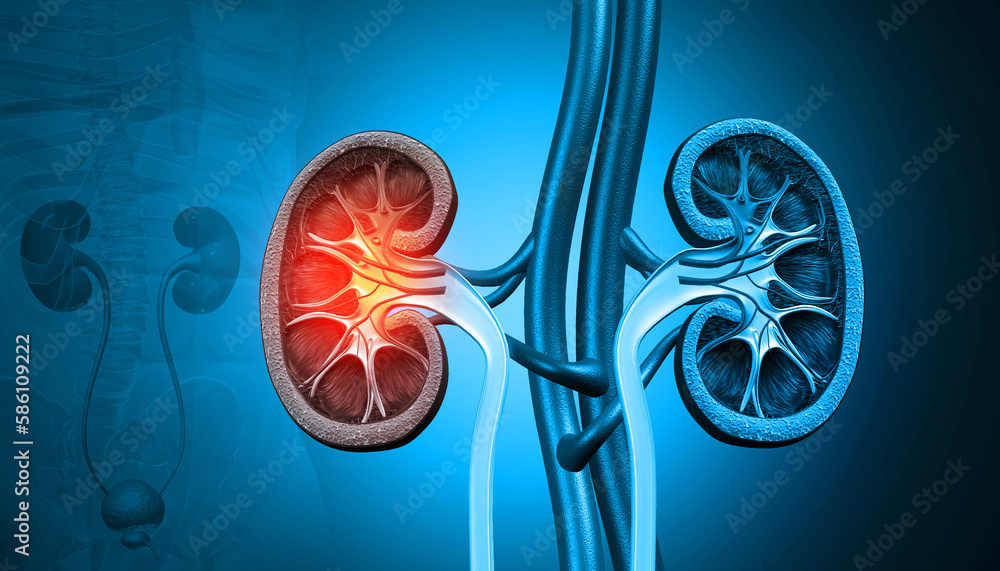 Human Kidney Disease. Medical organ. Cross section. 3d illustration - obrazy, fototapety, plakaty 
