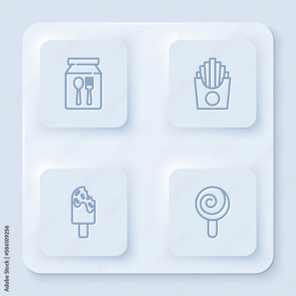 Set line Online ordering and delivery, Potatoes french fries box, Ice cream and Lollipop. White square button. Vector Set line Online ordering and delivery, Potatoes french fries box, Ice cream and Lollipop. White square button. Vector