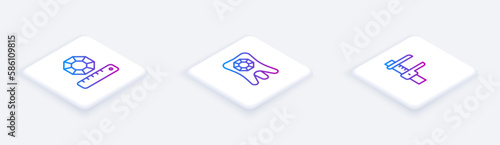 Set Isometric line Gem stone, Tooth with diamond and Calliper or caliper and scale. White square button. Vector