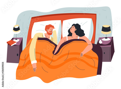 Man and woman sleeping in bed, resting couple
