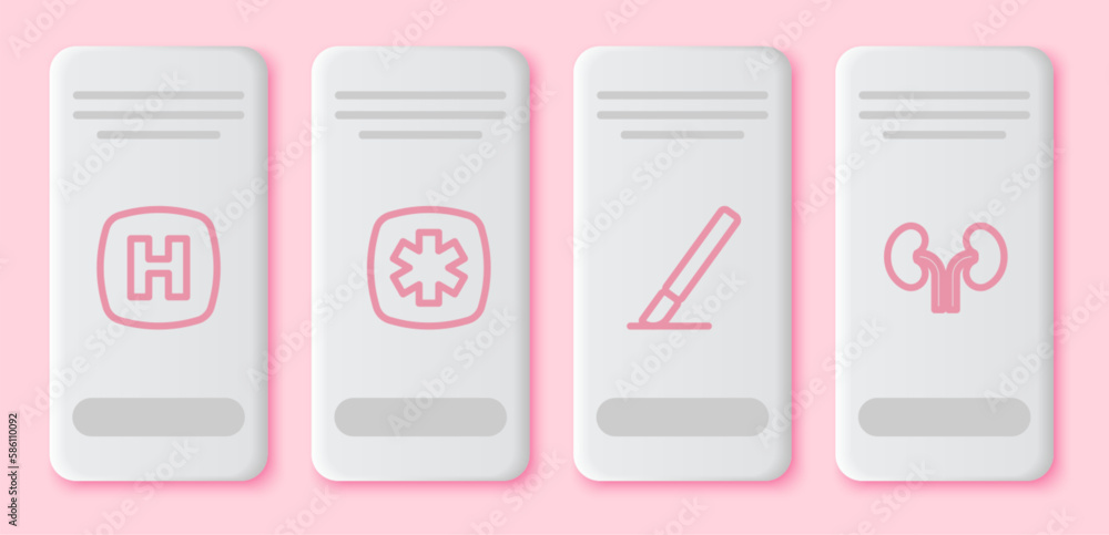 Set line Hospital signboard, Emergency - Star of Life, Surgery scalpel and Human kidneys. White rectangle button. Vector Set line Hospital signboard, Emergency - Star of Life, Surgery scalpel and Human kidneys. White rectangle button. Vector