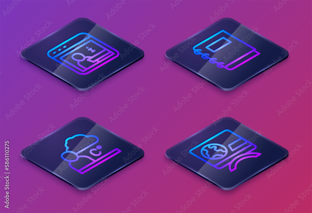 Set Isometric line Information, Weather forecast, Notebook and Breaking news. Blue square button. Vector Set Isometric line Information, Weather forecast, Notebook and Breaking news. Blue square button. Vector