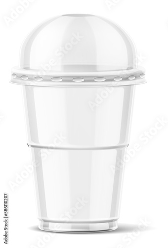 Clear plastic cup with dome lid. Takeaway drink container. Realistic mockup