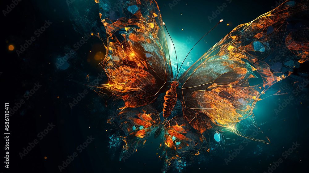 Fototapeta premium Celestial Wallpaper - Abstract Fantasy Fire Butterfly, Featuring Galaxy and Space. Generative AI. 