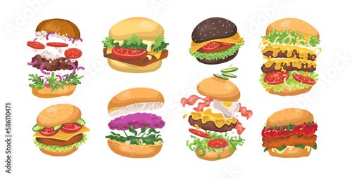 Burgers set. American fast food, buns with different fillings. Hamburgers, cheeseburgers snacks with cheese, meat, lettuce, sauce, bacon. Flat graphic vector illustrations isolated on white background