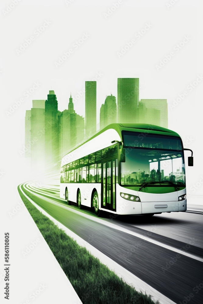 Modern green sustainable bus in highway. Generative AI