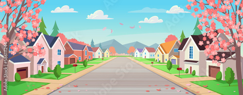 Suburban houses, street with cottages with garages in spring. A street of houses with flowering trees and a road in perspective. Village. Vector illustration in cartoon style.