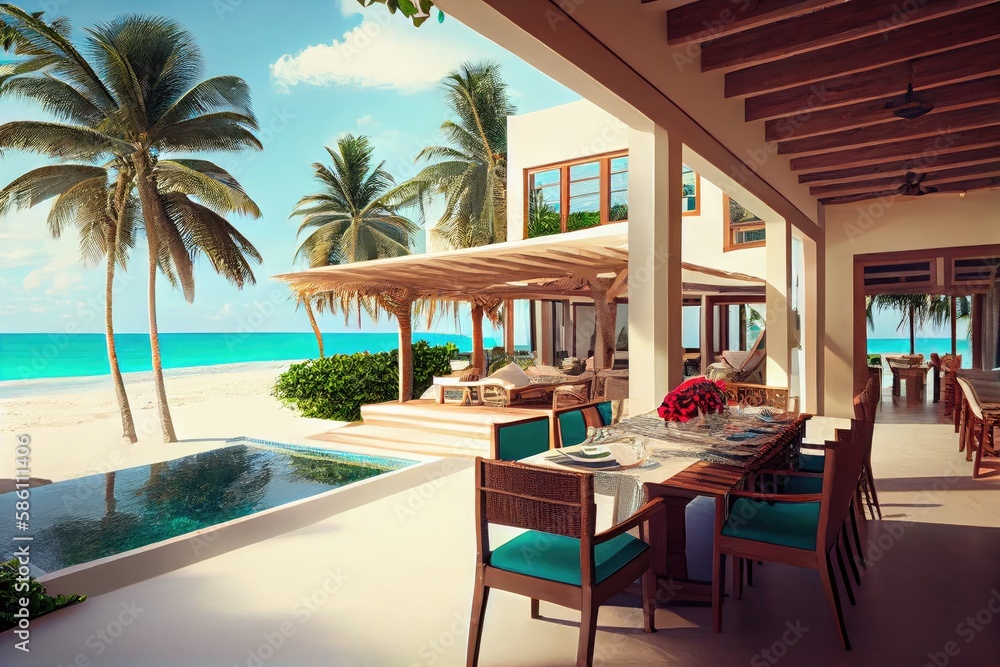 luxurious beachfront villa with private pool and outdoor dining area, created with generative ai - obrazy, fototapety, plakaty 