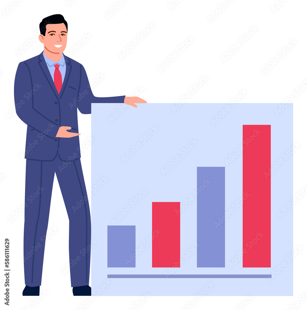 Businessman showing chart board. Presentation icon. Sales report symbol Businessman showing chart board. Presentation icon. Sales report symbol