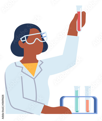 Woman holding flask with red liquid. Blood test laboratory