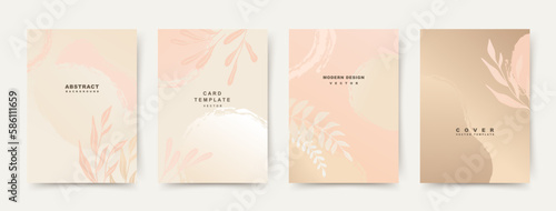 Abstract backgrounds with organic shapes and floral elements in beige pink colors. Vector templates for postcard, poster, flyer, magazine, social media, banner, invitation, presentation