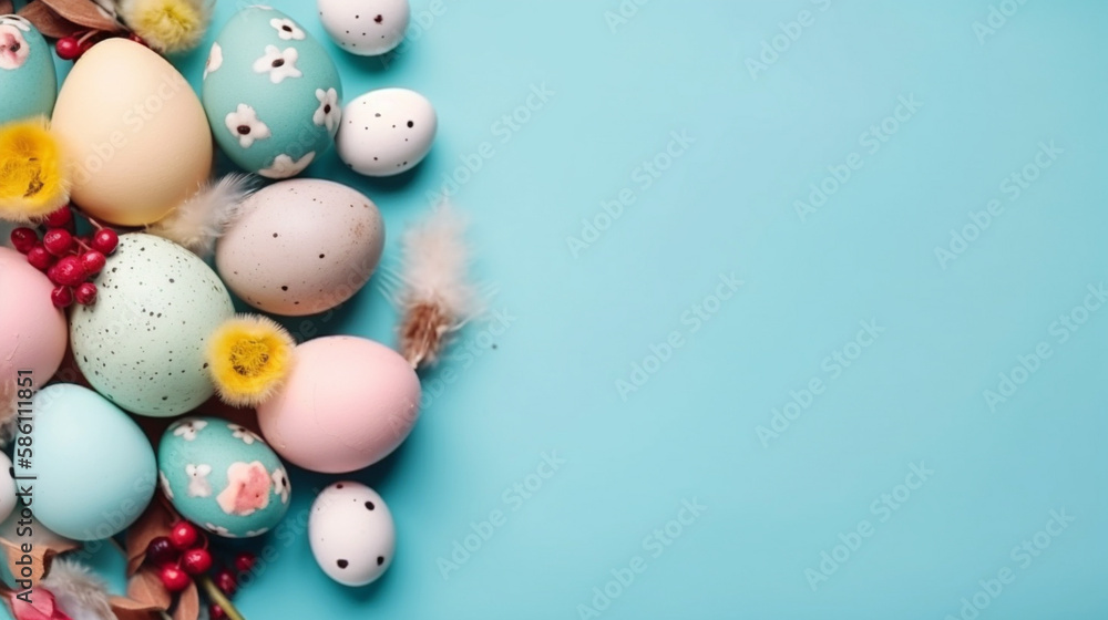 Beautifully Decorated Easter and Quail Eggs on a Bright Blue Background in Celebration of Spring and the Holidays - Generative AI