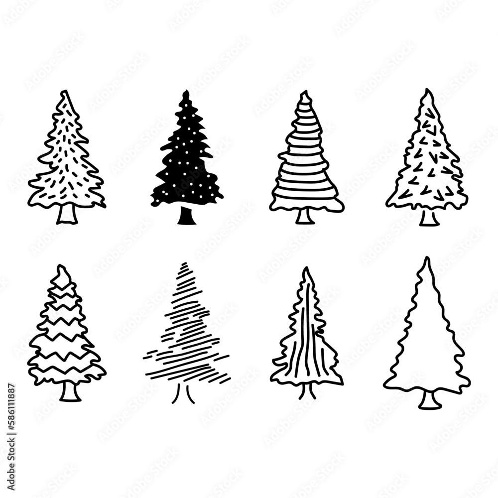 Obraz premium Hand drawn Pine tree. Abstract doodle drawing tree. Vector stock illustration isolated on white background