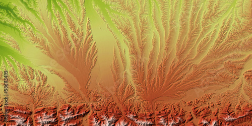 Concept de fond géographique - Hydrographie - Vue aérienne bassin versant d'un territoire montagneux vers la plaine - Rendu 2d modèle numérique de terrain avec coloration hypsométrique