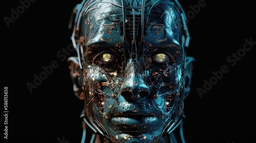 Futuristic robot head or very detailed cyborg face. Artificial intelligence cyborg with glowing eyes and physical metal face. Generative AI. 