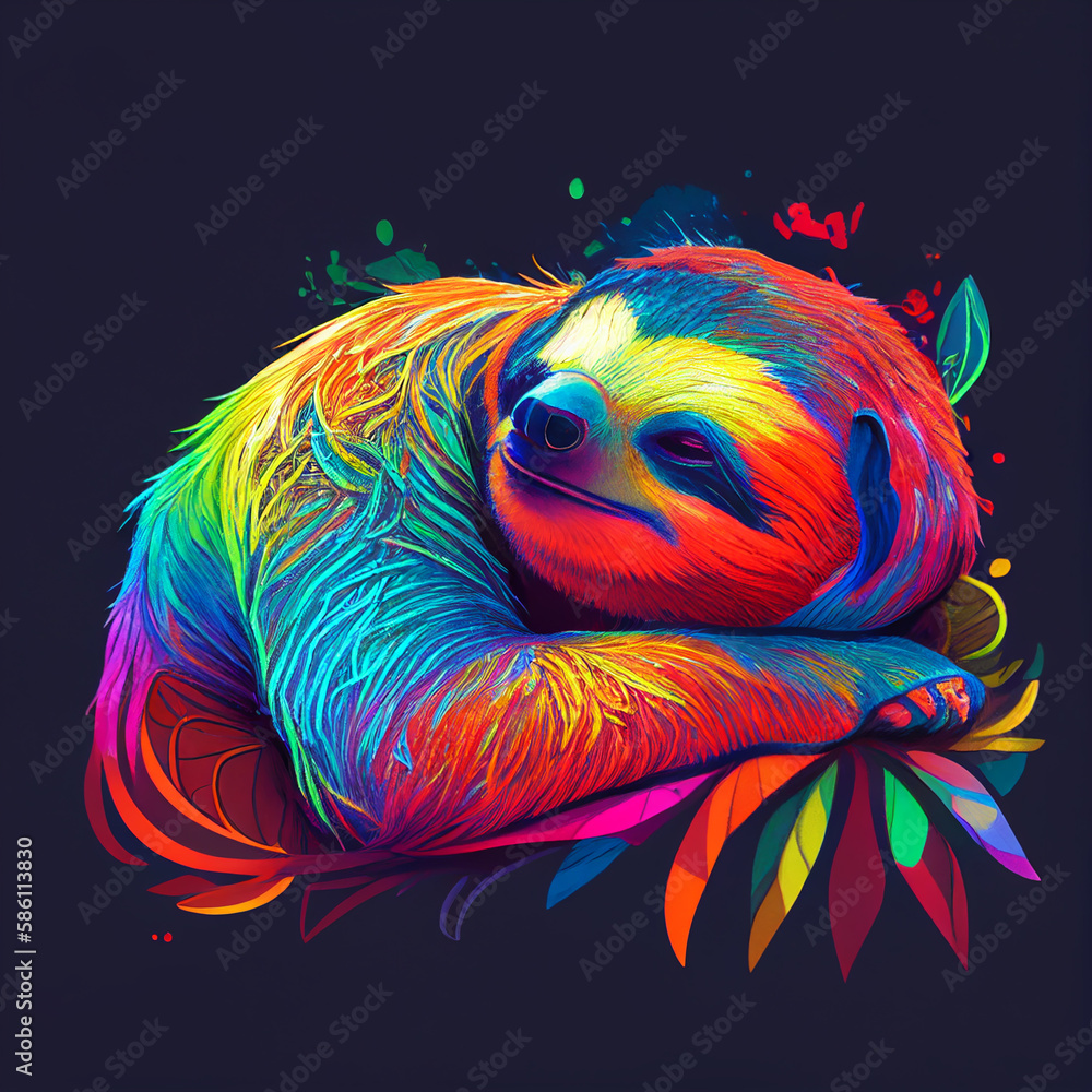 Sloth on tree. Multicolored bright image. AI generation..