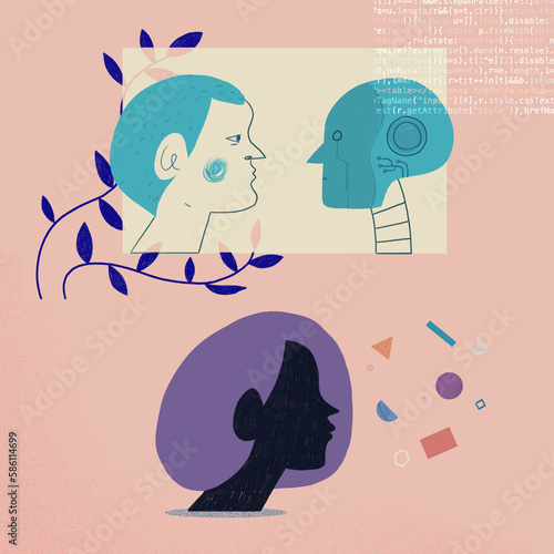 A Man facing a Machine Robot and coding, a Woman's profile and abstract shapes photo