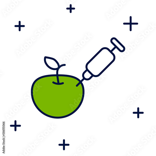 Filled outline Genetically modified apple icon isolated on white background. GMO fruit. Syringe being injected to apple. Vector