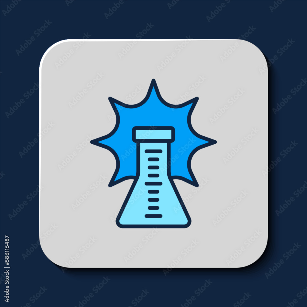 Filled outline Chemical experiment, explosion in the flask icon isolated on blue background. Chemical explosion in a test tube. Vector Filled outline Chemical experiment, explosion in the flask icon isolated on blue background. Chemical explosion in a test tube. Vector
