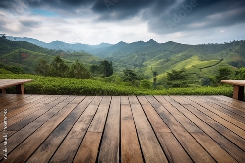 wooden deck overlooking a majestic mountain range created with Generative AI technology © AkuAku