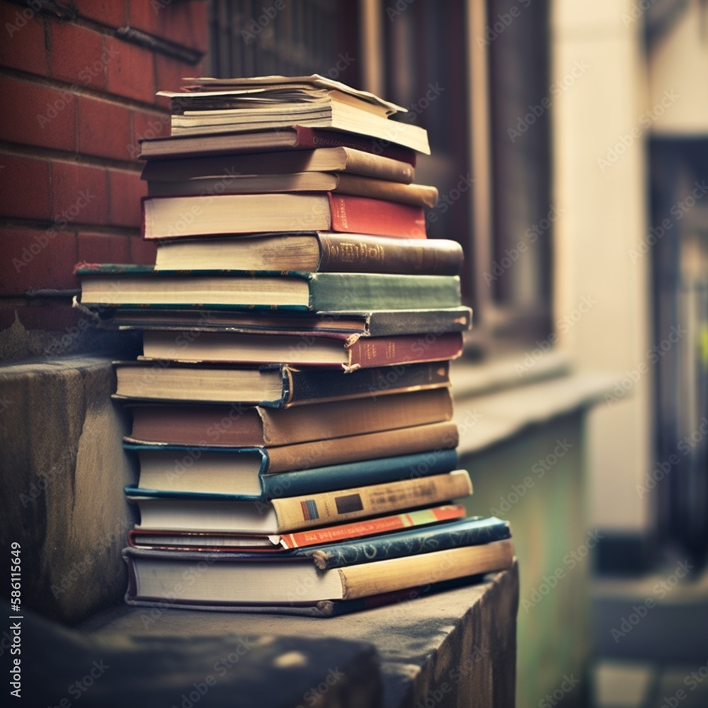 Pile of old books on the street. Retro style toned image. Generative AI Pile of old books on the street. Retro style toned image. Generative AI