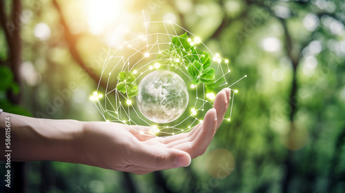 Fototapeta Naklejka Na Ścianę i Meble -  Baum in einer Kugel in der Hand halten. Generative AI.