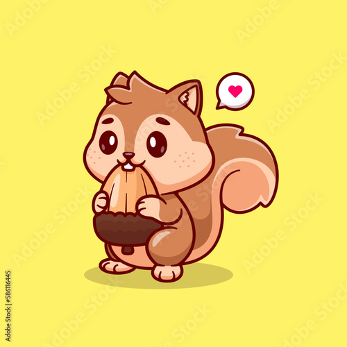 Cute Squirrel Eating Acorn Cartoon Vector Icon Illustration. Animal Food Icon Concept Isolated Premium Vector. Flat Cartoon Style
