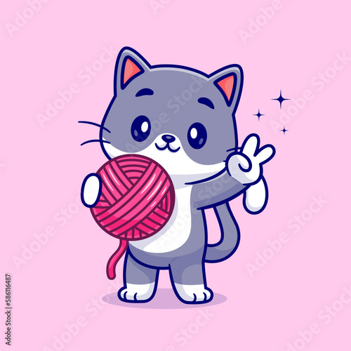 Cute Cat Holding Yarn Ball Cartoon Vector Icon Illustration. Animal Nature Icon Concept Isolated Premium Vector. Flat Cartoon Style