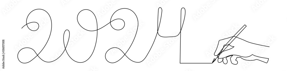 Hand holds 2024 one line art, hand drawn continuous contour. Holiday concept, festive New year handwriting text, minimalist design. Editable stroke. Isolated. Vector illustration Hand holds 2024 one line art, hand drawn continuous contour. Holiday concept, festive New year handwriting text, minimalist design. Editable stroke. Isolated. Vector illustration