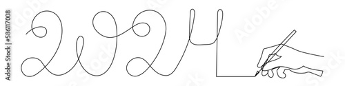 Hand holds 2024 one line art, hand drawn continuous contour. Holiday concept, festive New year handwriting text, minimalist design. Editable stroke. Isolated. Vector illustration