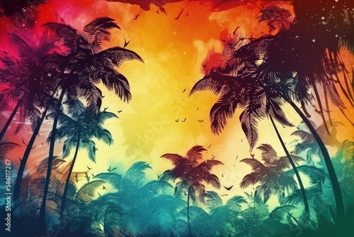 Illustration of Palm trees against a colorful sunset sky created with Generative AI technology