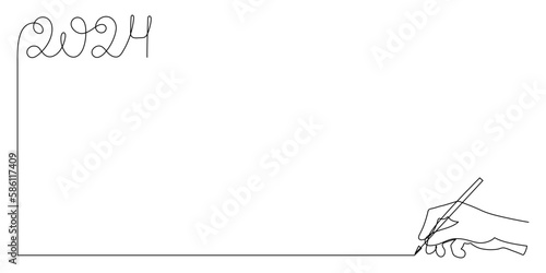 Hand holds 2024 one line art, hand drawn continuous contour. Holiday concept, festive New year handwriting text, minimalist design. Editable stroke. Isolated. Vector illustration