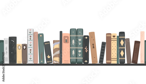 Seamless border of vintage novel and fairy tales books. Standing books composition isolated on white background. Home library. Vector illustration