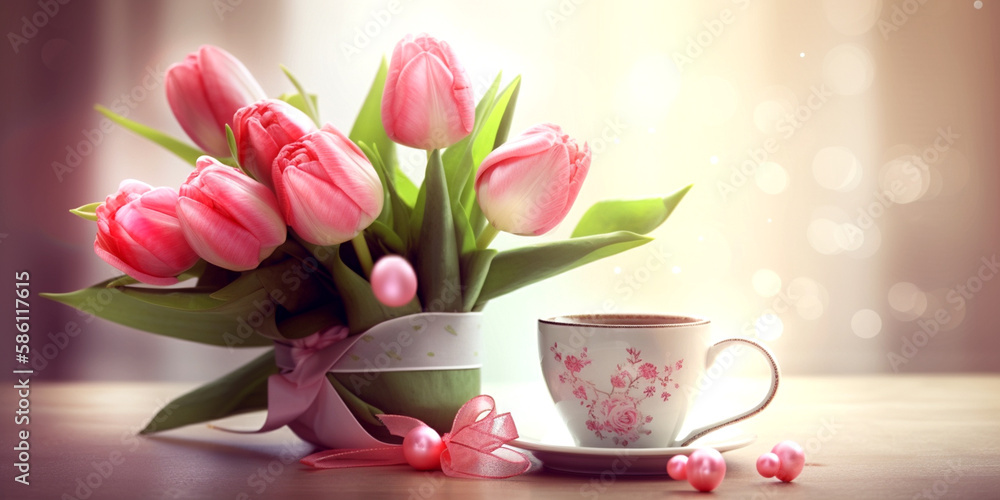 Fototapeta premium Tulpenstrauss in der Vase mit Kaffeetasse, generative AI
