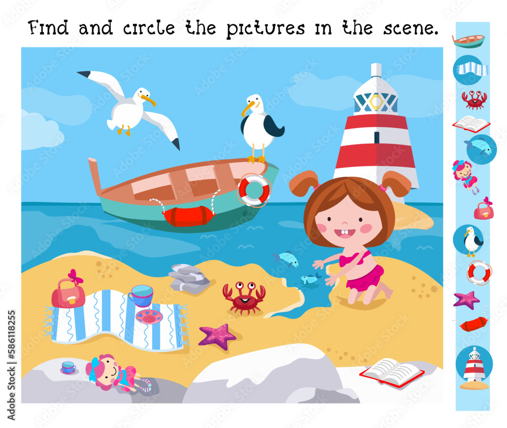 Find and circle objects. Educational puzzle game for children. Cute little girl by sea. Animals on beach in summer. Cartoon characters, boat and lighthouse. Vector illustration.