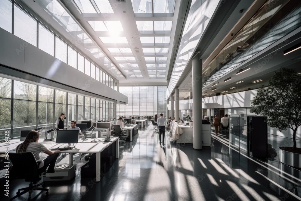 Dynamic Modern Office Space with Windows and Vibrant Atmosphere Dynamic Modern Office Space with Windows and Vibrant Atmosphere