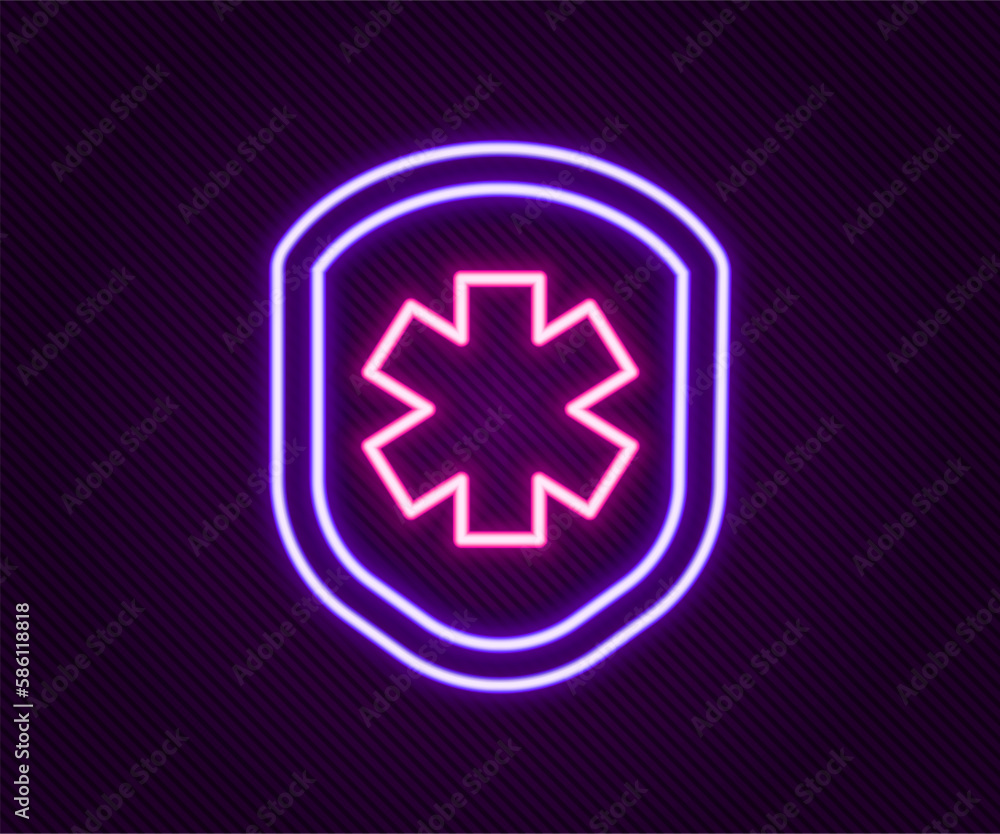 Glowing neon line Medical shield with cross icon isolated on black background. Protection, safety, password security. Colorful outline concept. Vector Glowing neon line Medical shield with cross icon isolated on black background. Protection, safety, password security. Colorful outline concept. Vector