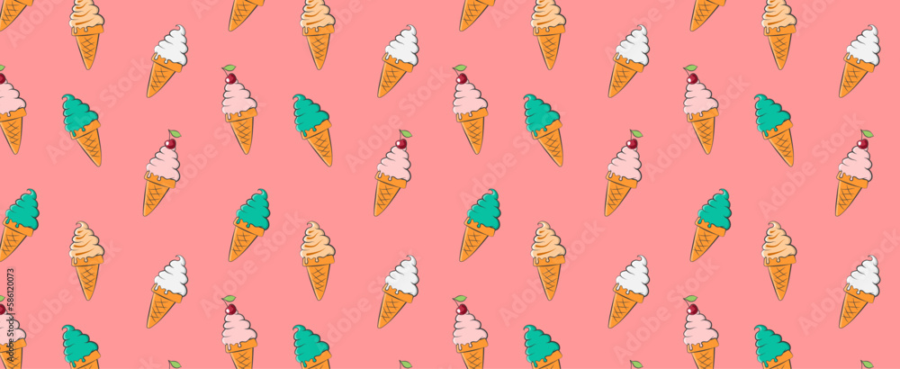 seamless pattern with ice cream cone. Ice cream with different flavors. vector illustration