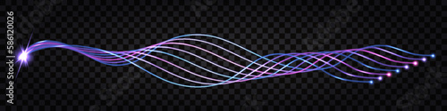 Fiber optic wave, swirl fibre line, electric impulse cable. Neon glowing light effect, purple and blue  dynamic waves. Cyber data communication design, isolated on transparent background