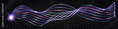 Fiber optic wave, swirl fibre line, electric impulse cable. Neon glowing light effect, purple and blue  dynamic waves. Cyber data communication design, isolated on transparent background