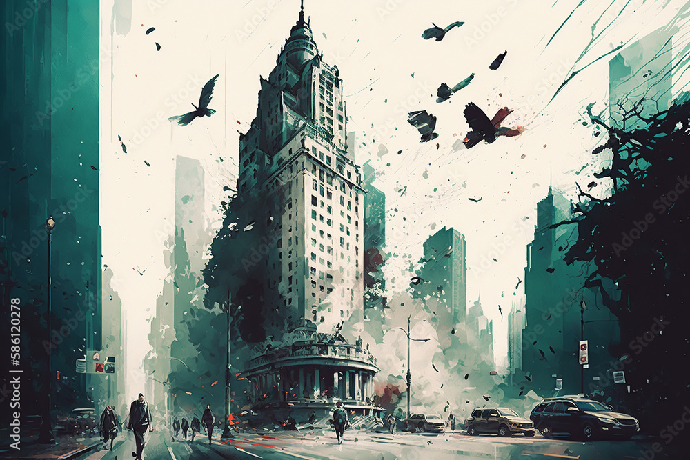Obraz premium Gloomy city, abstract urban. Cars, building, people and birds grunge watercolor illustration. Generative AI