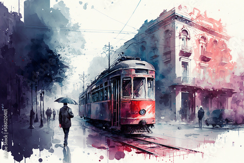 Wet city, abstract rainy european street. Red tram and people with umbrella grunge watercolor illustration. Generative AI