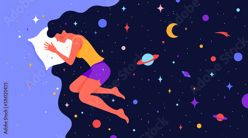 Woman with dream universe. Simple character of woman sleeping in bed with universe starry planet, moon star, night sky in cosmos hair. Woman character in dream, flat graphic. Vector Illustration