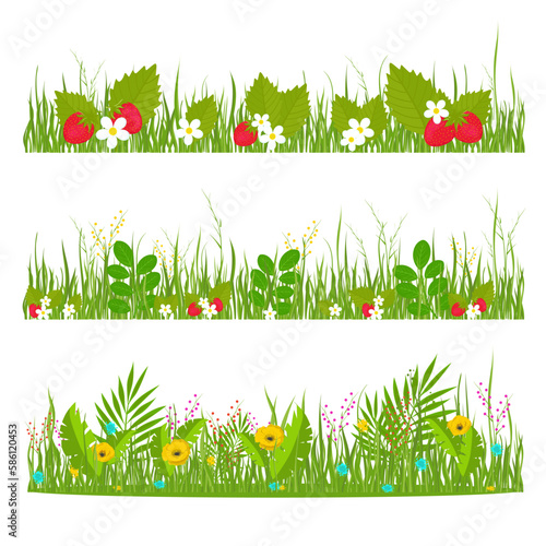 Grass, flowers, strawberries. Forest glade, meadow. Vector set. Horizontal design.