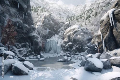 A frozen waterfall surrounded by snow covered   rocks Generative AI 4